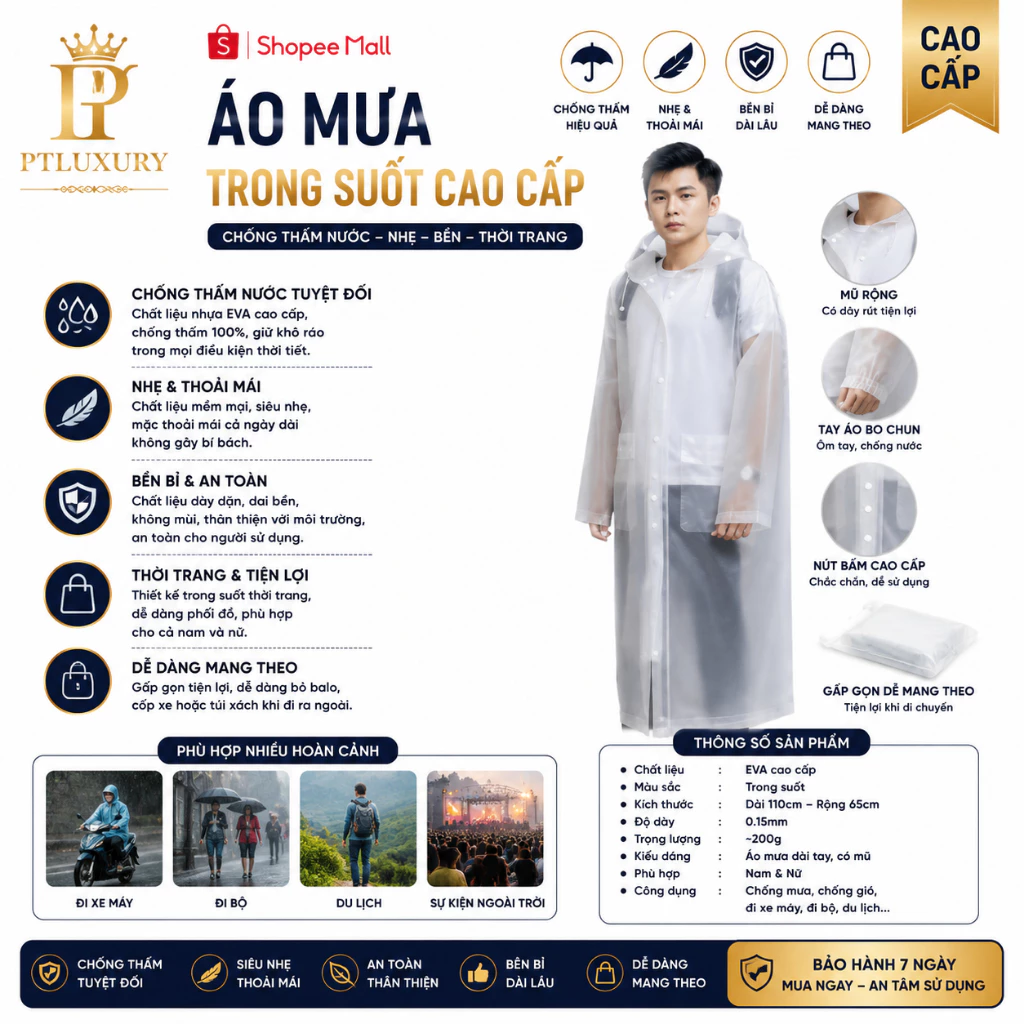 Áo Mưa Trong Suốt PTLUXURY Dáng Dài Vành Rộng Có Khóa Kéo Tiện Lợi [ Hàng Nội Địa Trung ]