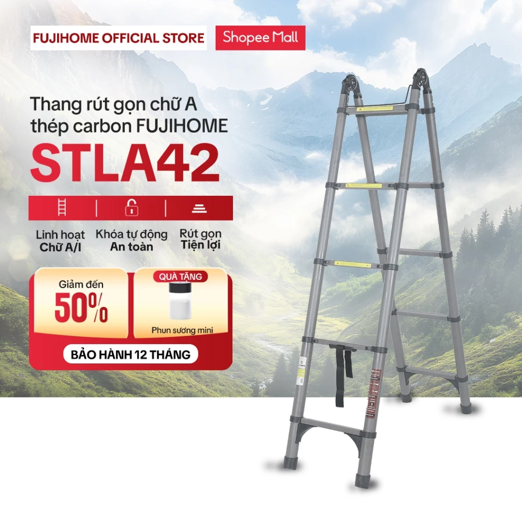 Thang rút đôi thép Carbon FUJIHOME STLA42, thang cao chữ A 1,76m, chữ I 4.1m đa năng rút gọn khoá chốt tự động an toàn