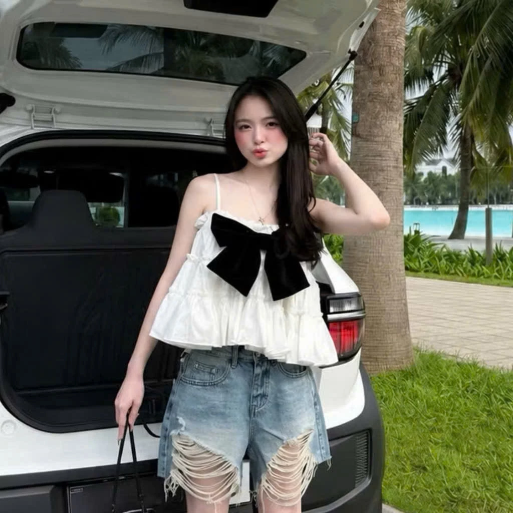 Áo hai dây babydoll phối nơ to bánh bèo Hàn Quốc MUZA A145