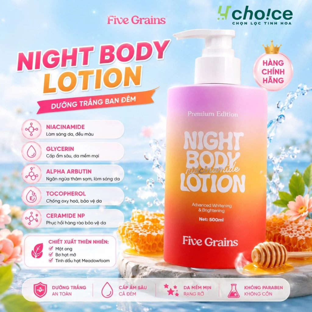 Kem dưỡng body Cao cấp Five Grains dưỡng trắng da Niacinamide, Alpha-Arbutin ban đêm bản nâng cấp 500ML