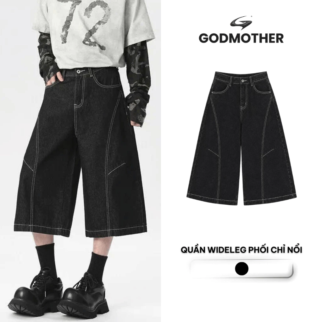 Quần Wide Leg Chỉ Nổi GODMOTHER Quần Short Denim Màu Đen Viền Chỉ Nổi Phong Cách Streetwear