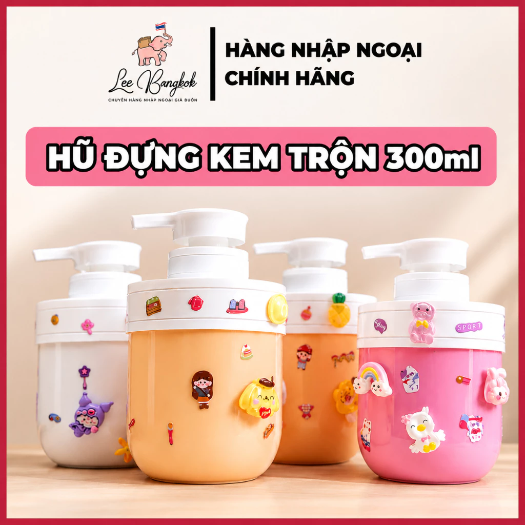 Hũ Đựng Kem Trộn Viên Bột Trắng Da Với Kem - Lotion Tiện Dụng Màu Pastel Dễ Thương Kèm Charm Và Sticker 300ml