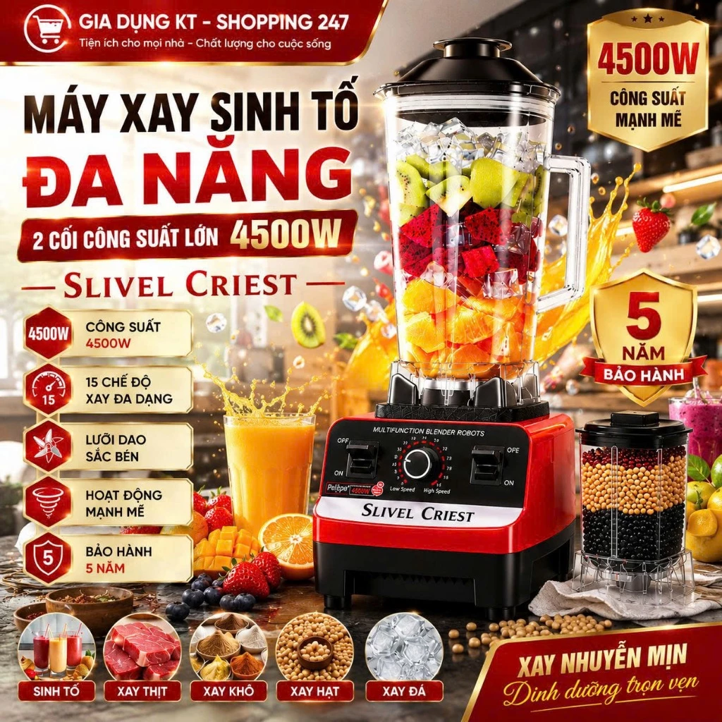 Máy Xay Sinh Tố Đa Năng SILVER CREST SC-1589 Công Suất Lớn 4500W, Xay Nhuyễn Thực Phẩm Cực Nhanh, Hoạt Động Mạnh Mẽ