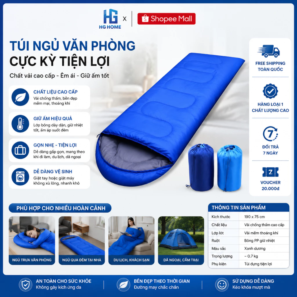 Túi ngủ văn phòng HGHOME cực kỳ tiện lợi chất vải cao cấp [ HÀNG LOẠI 1 ]