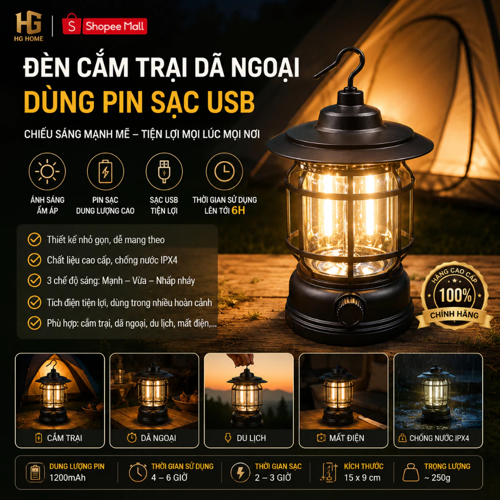 Đèn Cắm Trại HGHOME Dã Ngoại Du lịch Dùng Pin Sạc USB Tích Điện Thời Gian Sử Dụng Lên Tới 6h [ HÀNG CAO CẤP ]