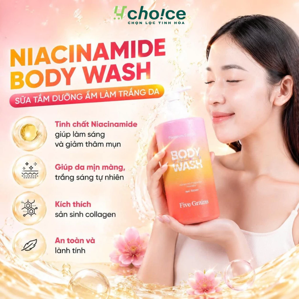 Sữa tắm Cao cấp Five Grains giúp dưỡng trắng da Niacinamide lưu hương nước hoa 500ML phiên bản nâng cấp