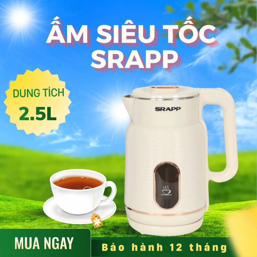 Ấm siêu tốc SRAPP-ST255-Công suất lớn 1500W,dung tích 2.2L,inox 304 cao cấp,đun siêu nhanh, tự ngắt