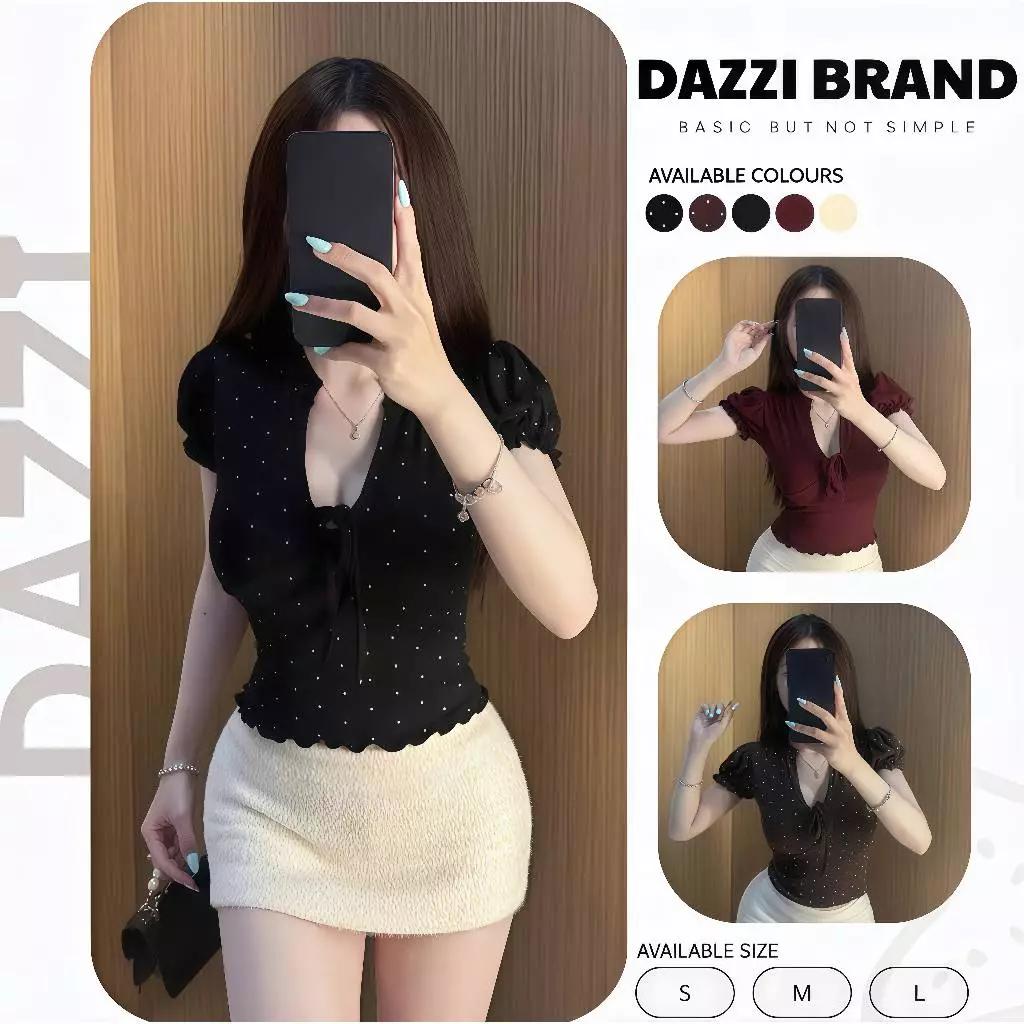 Áo cổ V cột nơ phối tay phồng ôm dáng chất cotton mịn A08