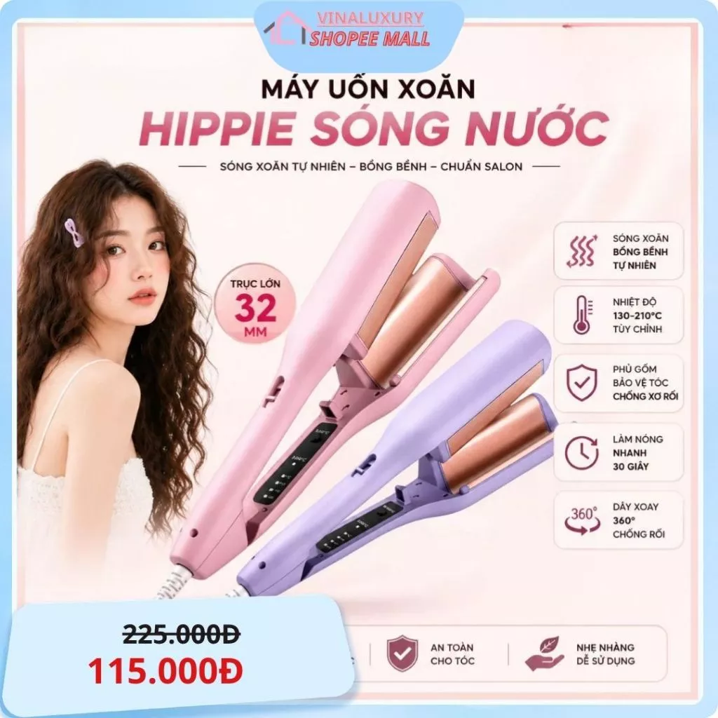 Máy Uốn Tóc Xoăn Sóng Nước Hippie 32mm Chất Liệu Gốm Sứ Ceramic 4 Mức Chỉnh Nhiệt