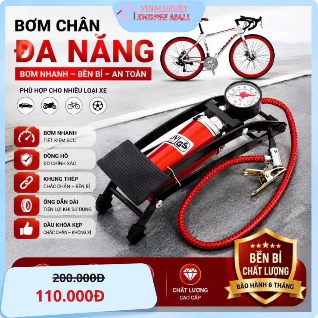 Bơm Đạp Chân Mini Đa Năng - Bơm Xe Đạp, Xe Máy, Ô Tô, Bơm Phao, Bóng, Có Đồng Hồ Đo Áp Suất Tiện Lợi
