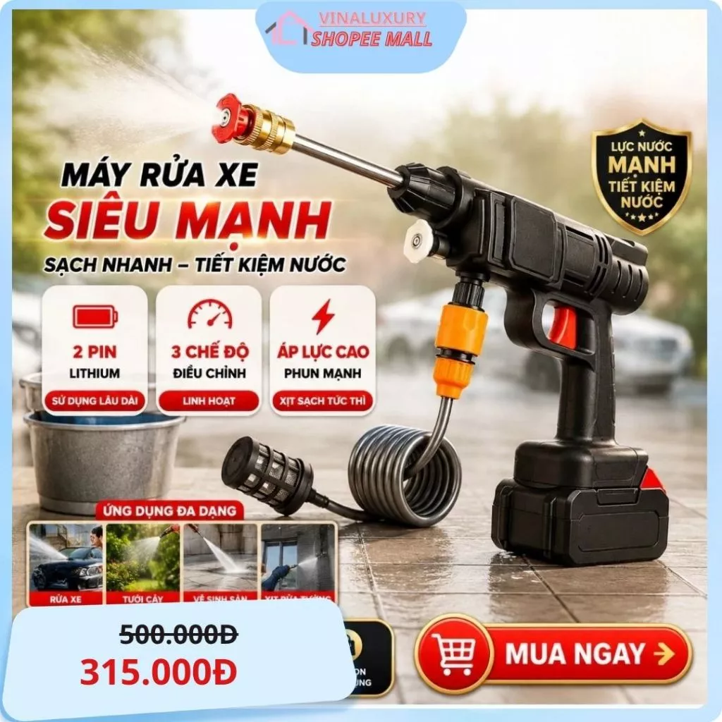 Máy rửa xe cầm tay công suất cao 400w 2 pin sạc 48V - Máy Tưới Cây cầm tay kèm phụ kiện