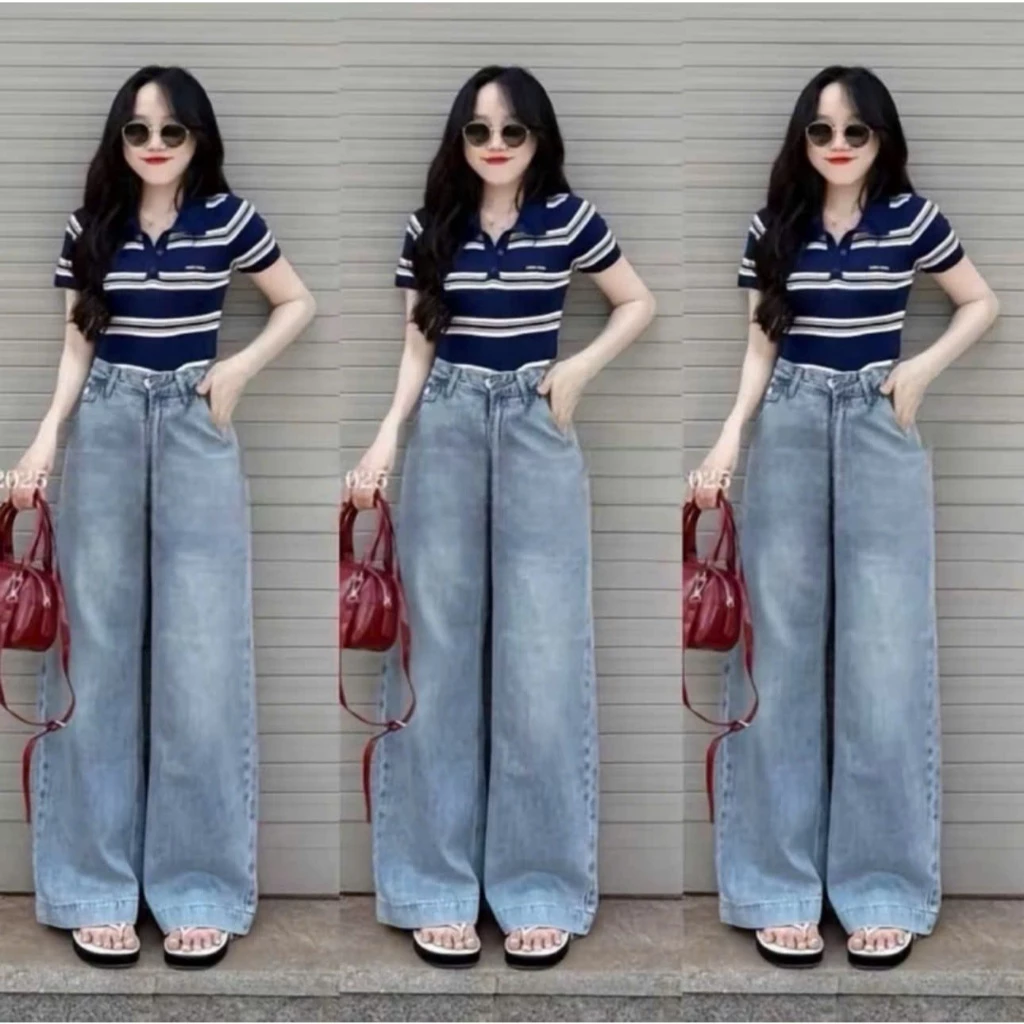 Quần Jean Nữ Ống Rộng Cạp Cao Dáng Suông Jean Wash Xám Nhạt - Xanh Nhạt