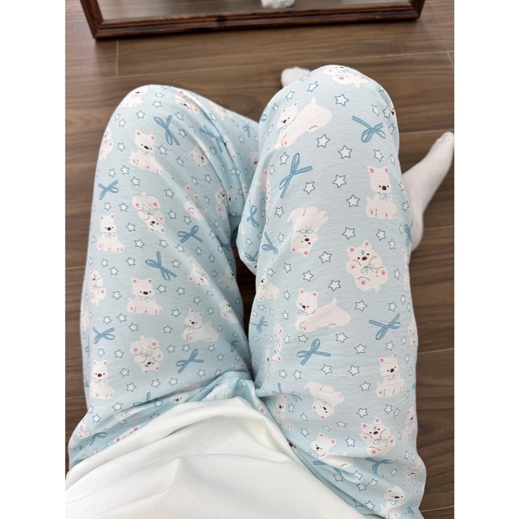Quần dài mặc nhà dáng rộng in họa tiết hoạt hình dễ thương phong cách Hàn Quốc