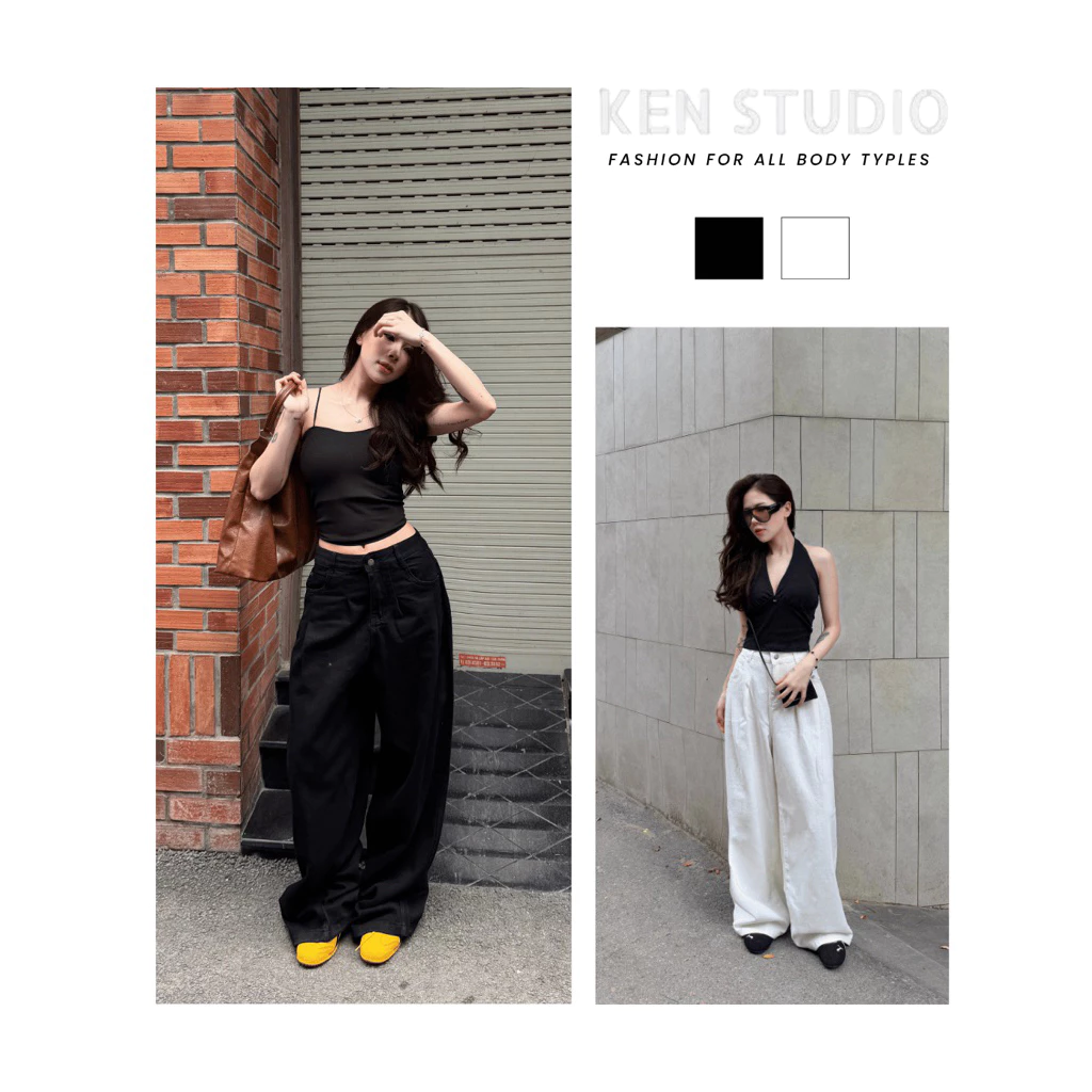 Quần jean ống rộng suông nữ phong cách Hàn Quốc , Quần Jeans nữ đen,Trắng ống rộng KenStudio Q003