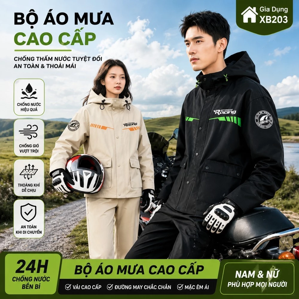 Bộ Áo Mưa Cao Cấp Chống Thấm Thế Hệ Mới 2026 | Bộ Quần Áo Mưa Đi Xe Máy Chống Nước Nam Nữ