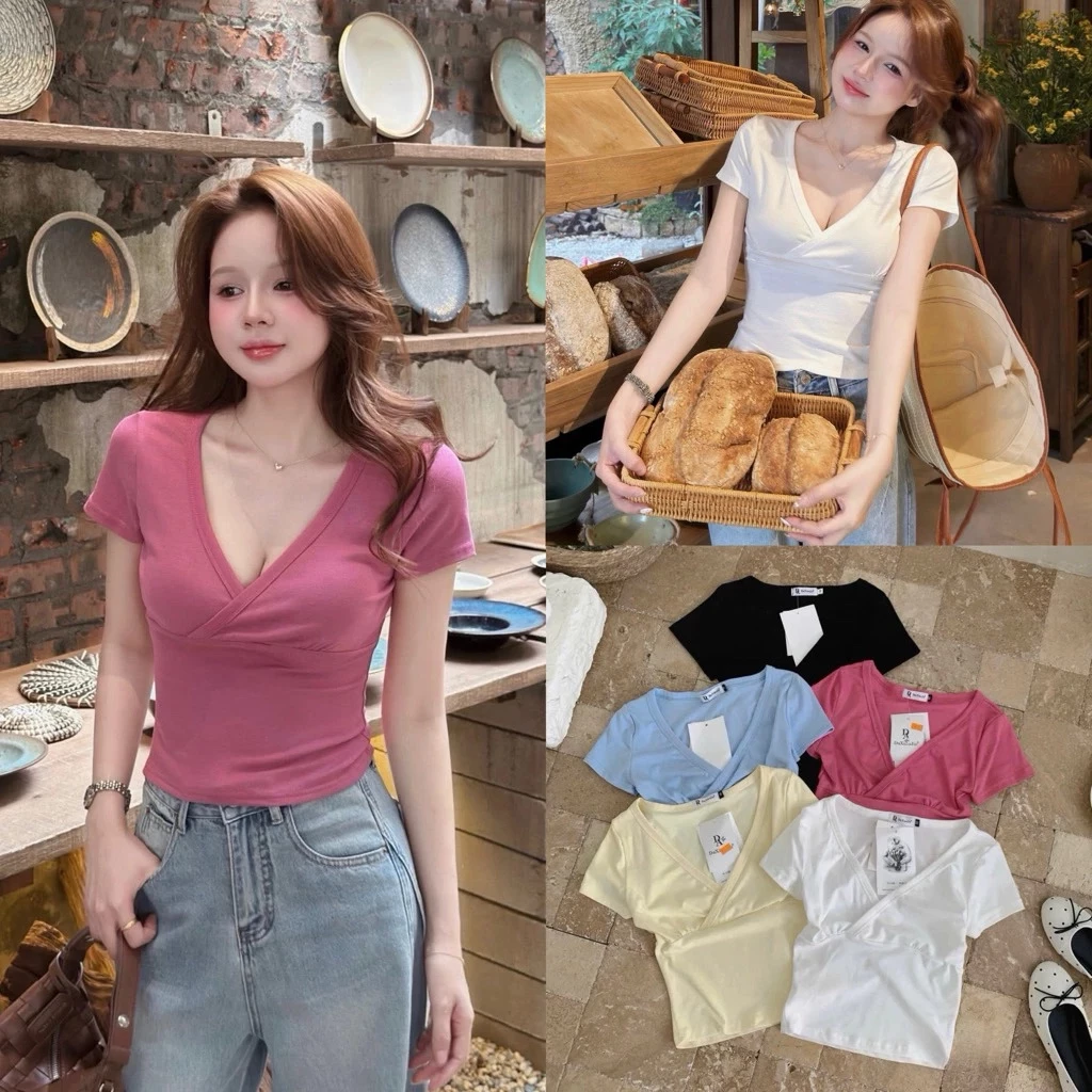 ( Sẵn Ship) Áo thun cổ V cộc tay dáng ôm nhiều màu xinh NiNa Top đi làm, đi học, đi chơi