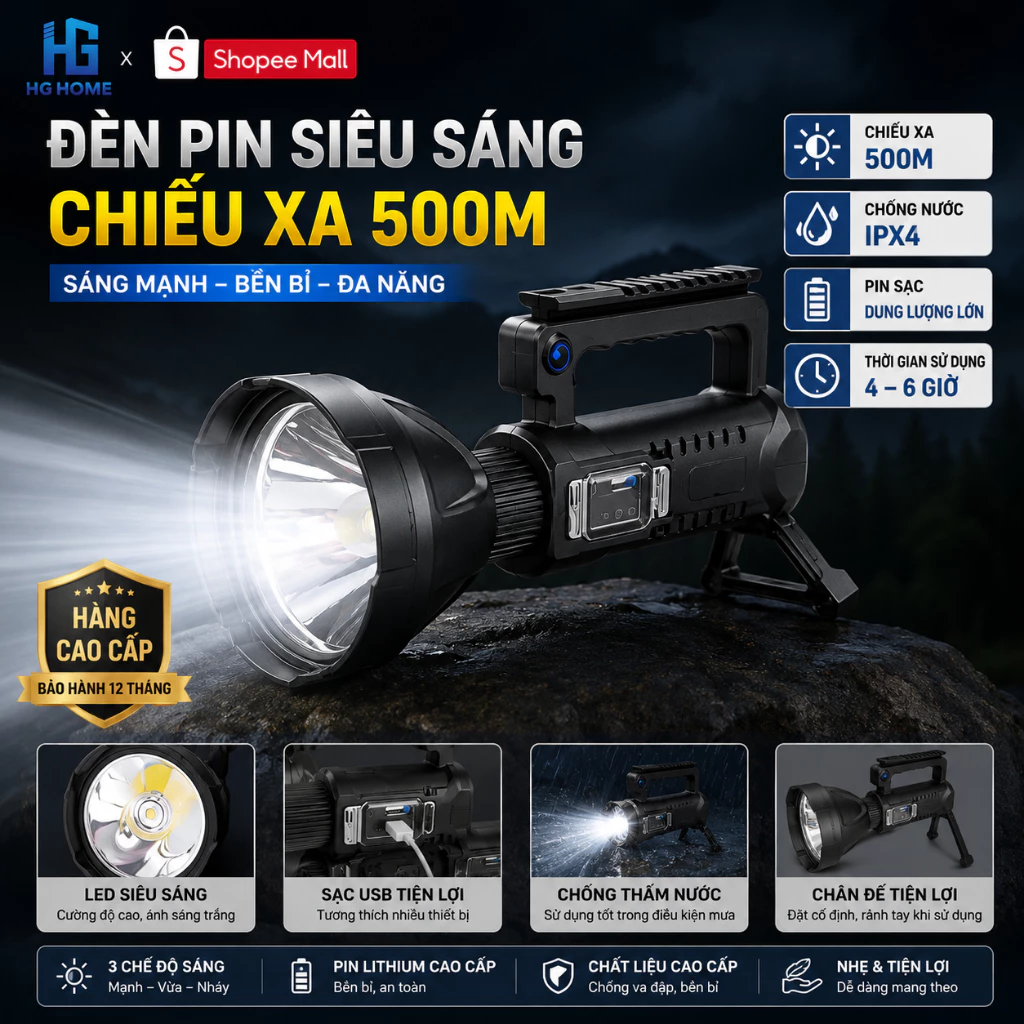 Đèn pin siêu sáng chiếu xa 500m chống thấm nước có chân đế - HGHOME
