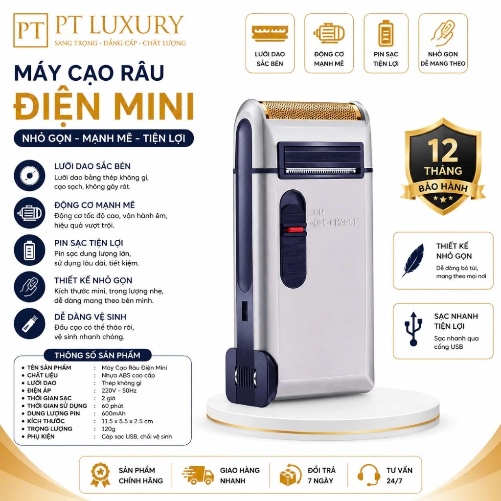 [ HỎA TỐC ] Máy cạo râu PTLUXURY tích điện pin trâu thiết kế nhỏ gọn chắc chắn