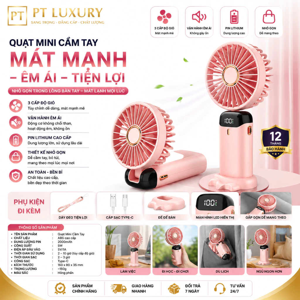 [ HỎA TỐC ] Quạt Cầm Tay Mini PTLUXURY Tích Điện ,Pin Sạc 10.000mAh,5 Tốc Độ Gió Có Dây Đeo, Màn Hình LED Hiển Thị