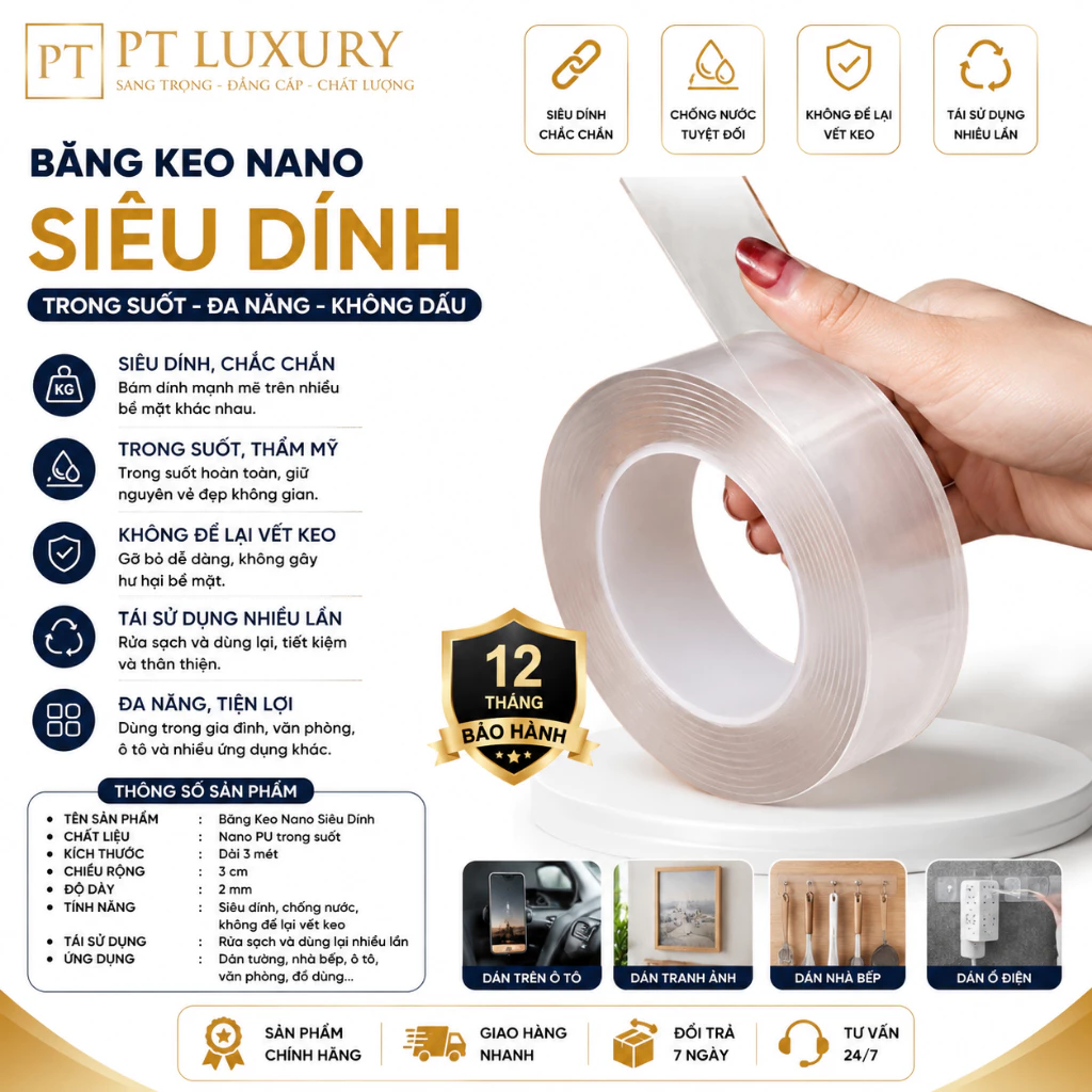 Băng Dính 2 Mặt  Siêu Dính Trong Suốt - PTLUXURY