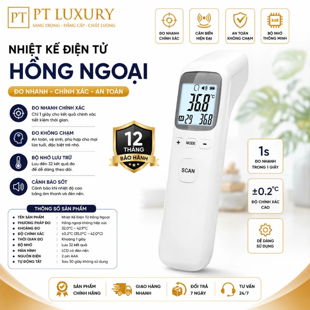 Nhiệt kế điện tử hồng ngoại PTLUXURY thiết kế nhỏ gọn dễ sử dụng [ Tặng Kèm Pin ]