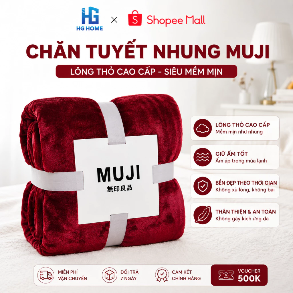 Chăn Tuyết Nhung Muji Lông Thỏ Cao Cấp Siêu Mềm Mịn Kích Thước 2Mx2M3 HGHOME [ HÀNG NHẬP KHẨU ]