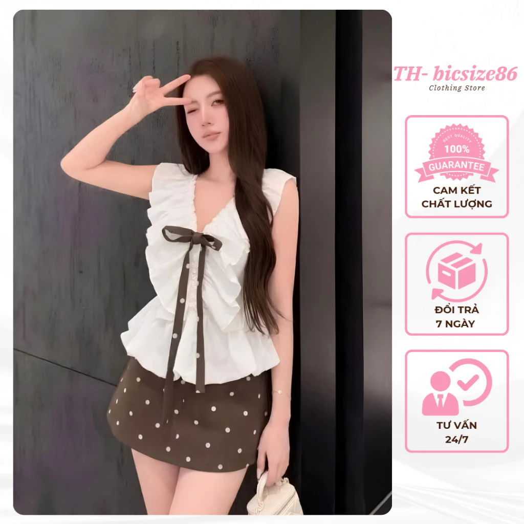 Áo kiểu nữ babydoll nữ cổ V bèo nhún thắt nơ kèm chân váy ngắn chấm bi