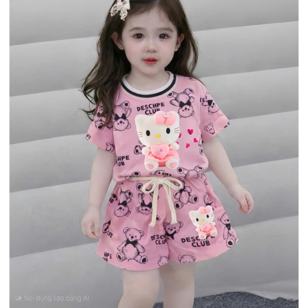 [A42] Bộ quần áo mèo Kitty nơ bé gái, set áo thun quần short su 4 chiều mềm mát dễ thương đi học đi chơi cho bé 9 - 42kg