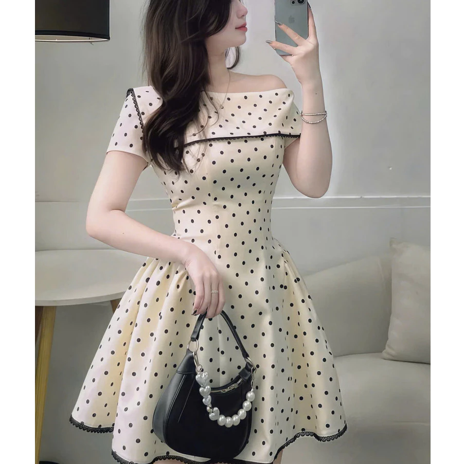 (MỚI) Đầm Nữ Ngắn SIÊU XINH Thiết Kế Trễ Vai Chấm BI Phối Viền Ren THỜI TRANG CỰC ĐẸP NY NA STORE