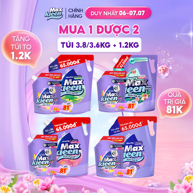 [ĐỘC QUYỀN SVIP] Combo Túi Nước Giặt Xả MaxKleen 3.8kg + Túi Nước Giặt Xả 1.2kg Mùi ngẫu nhiên