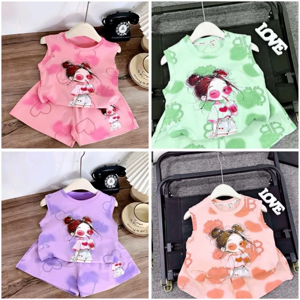 [A45] Bộ ba lỗ cô gái trà sữa bé gái, set áo sát nách quần short su 4 chiều mềm mát đi học đi chơi cho bé 9 - 43kg