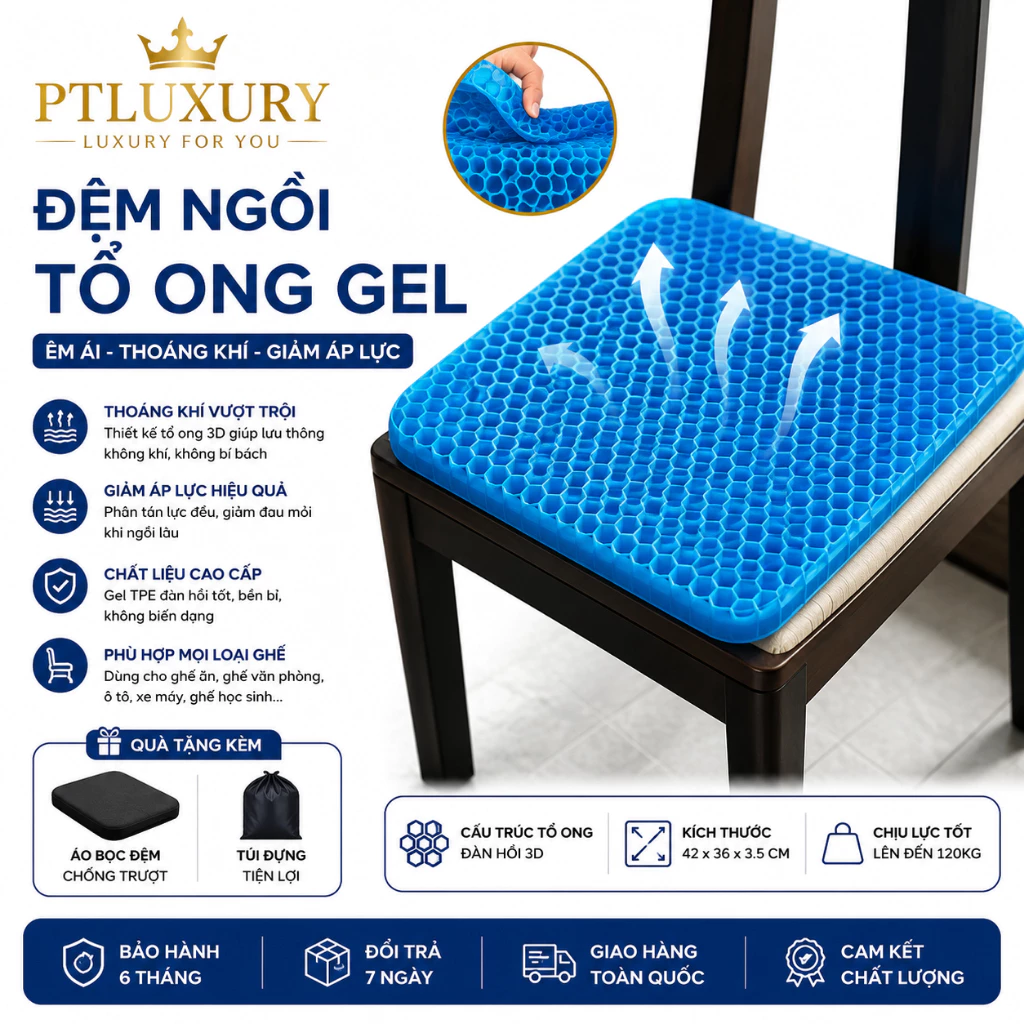 [ Hỏa Tốc ] Đệm ngồi PTLUXURY Chất Liệu Silicon cao cấp lót ghế thoáng khí chống đau mỏi mông cấu trúc tổ ong cực thoáng