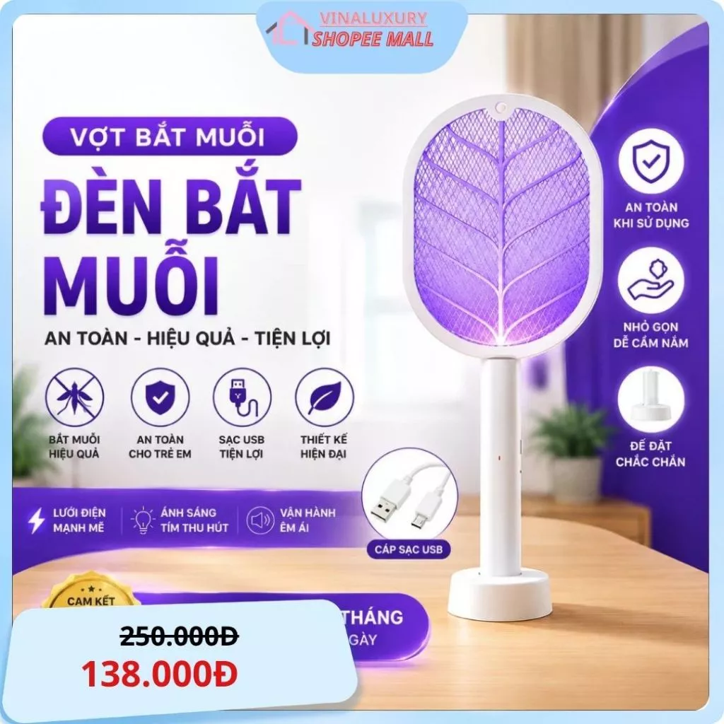 Vợt Muỗi Thông Minh 3 Trong 1 Kiêm Đèn Bắt Muỗi Tự Động Pin Sạc 1200mAh Có Đế Sạc Đứng Tiện Lợi