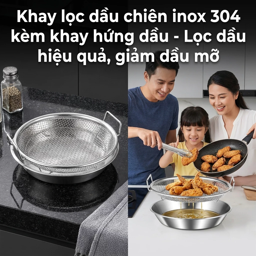 Khay Hứng Dầu Kèm Rổ Lọc Inox 304 Dùng Cho Đồ Chiên Rán, Thiết Kế Gọn Gàng