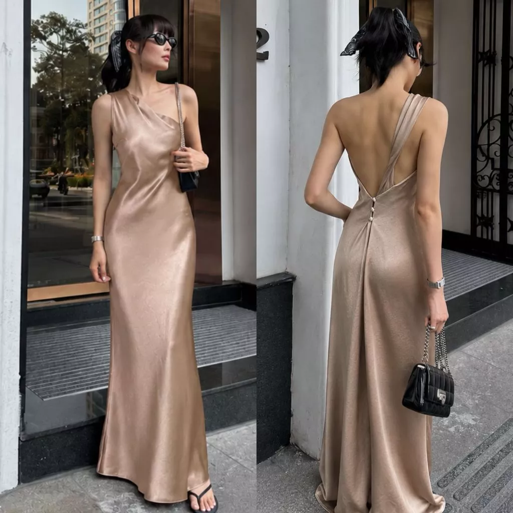 Đầm Lụa Dạ Hội Lệch Vai Hở Lưng Phối Nút Sang Trọng Tiệc Cưới NV850 Váy Lụa Maxi Dự Tiệc Dài Tôn Dáng Quyến Rũ