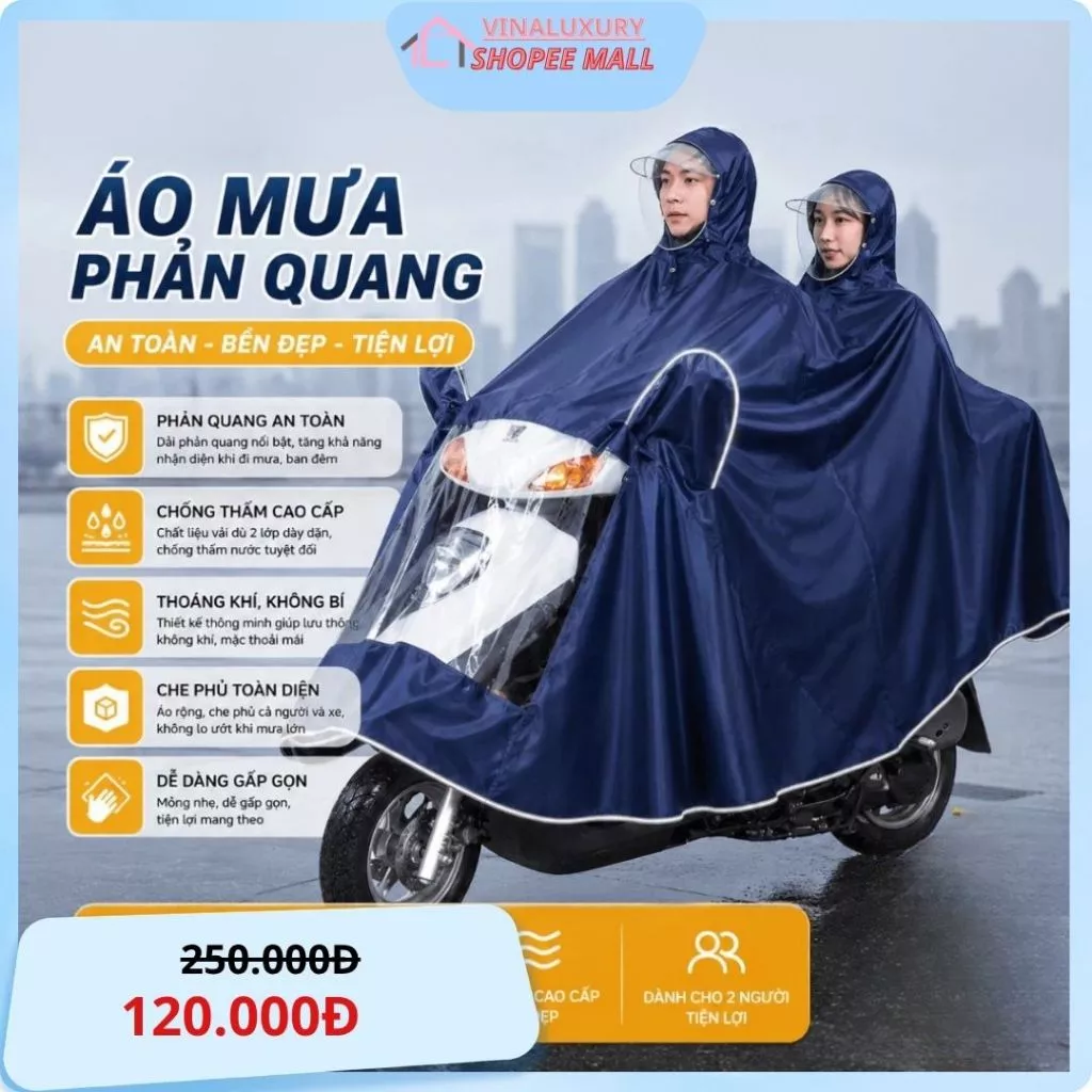 Áo mưa đi xe máy - Áo Mưa Choàng Có Phản Quang Chất Liệu Dày Dặn Chống Thấm Nước