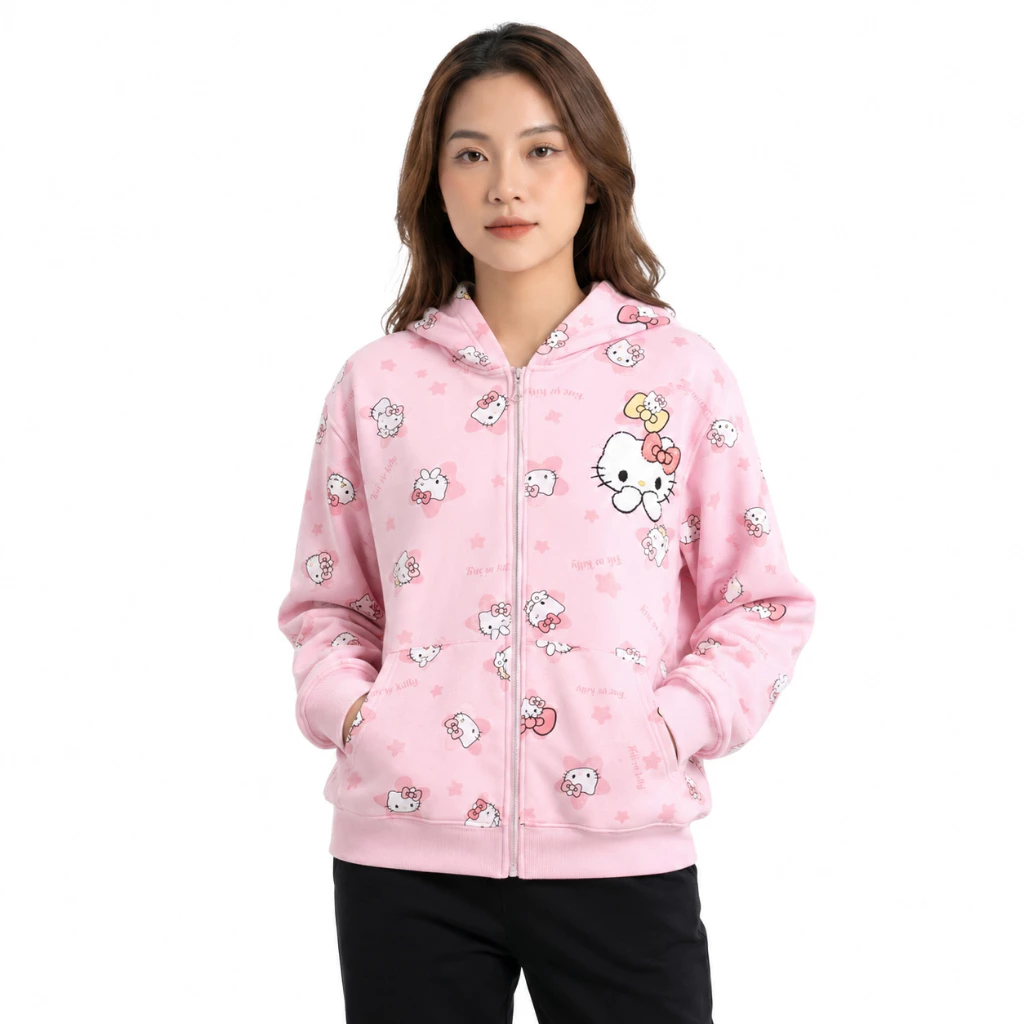 Áo Khoác Hoodie Zip Nữ Hellokitty 3D Tay Phồng Nón Rộng 2 Lớp Vải Nỉ Chính Dày Dặn Chống Nắng - FAGU