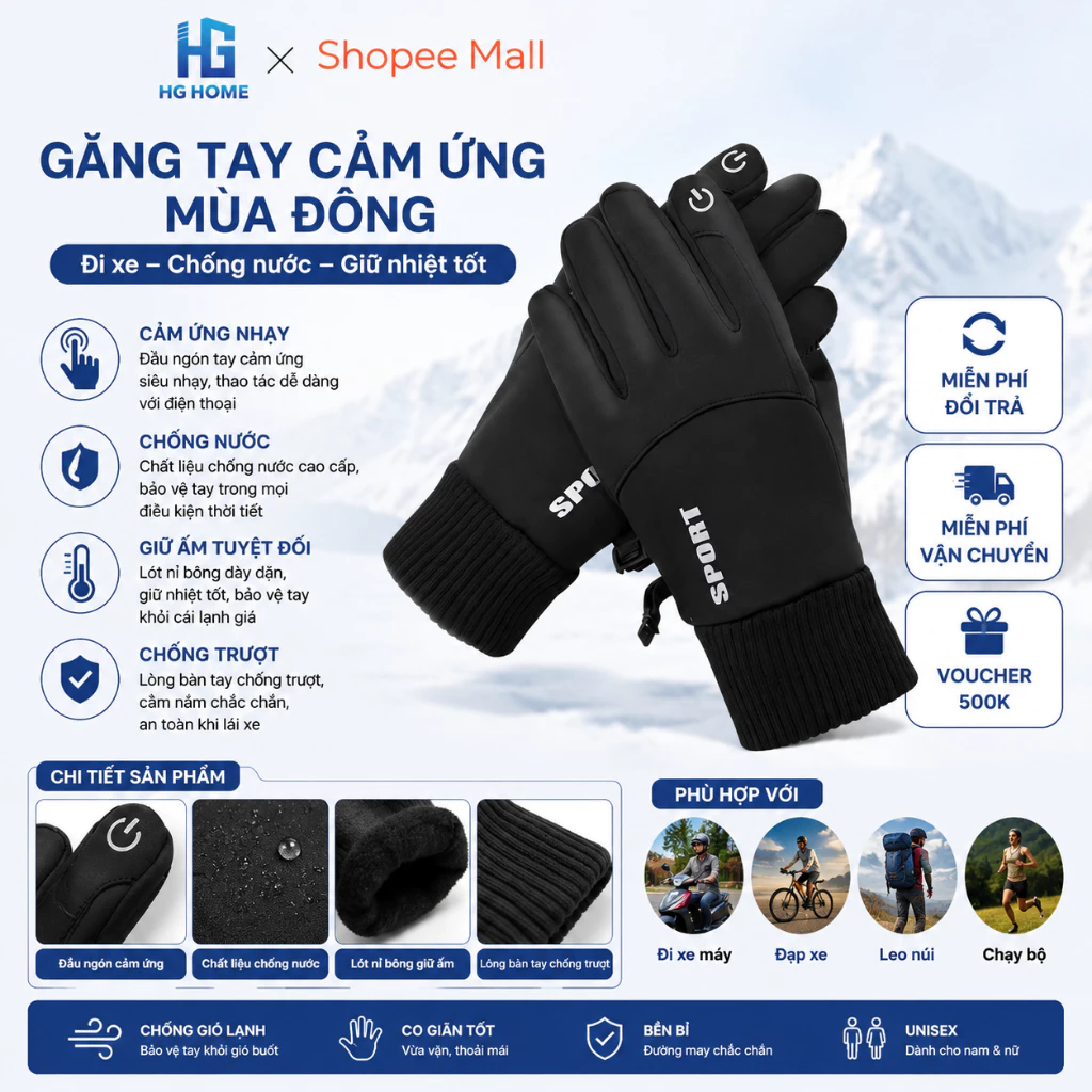 Găng Tay Cảm Ứng Điện Thoại HGHOME Mùa Đông Đi Xe Chống Nước Giữ Nhiệt Tốt