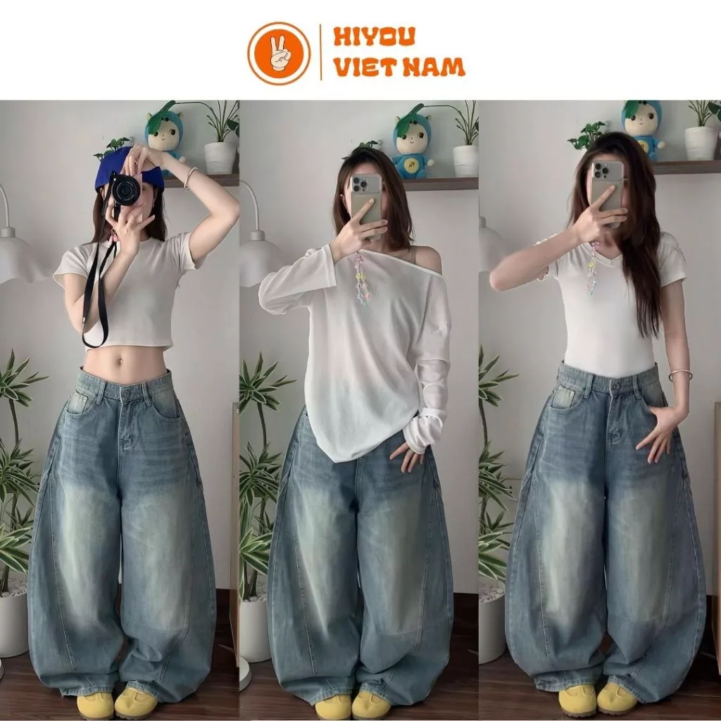 Quần Jeans Ống Bí Nam Nữ Form Rộng Bản Premium Màu Xanh Wash Classic Phong Cách Street Wear Phối Viền Cong Unisex