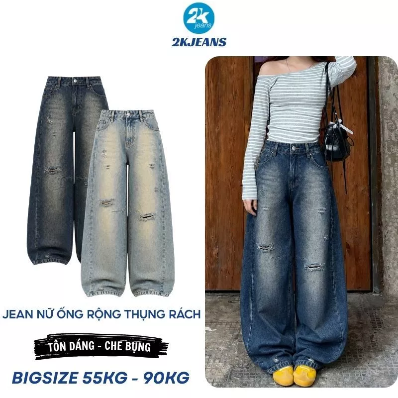 [DEAL SỐC] Quần Jean Nữ Bigsize QC625 55-90kg Ống Rộng Thụng Rách Gối Phong Cách Streetwear 2KJEANS