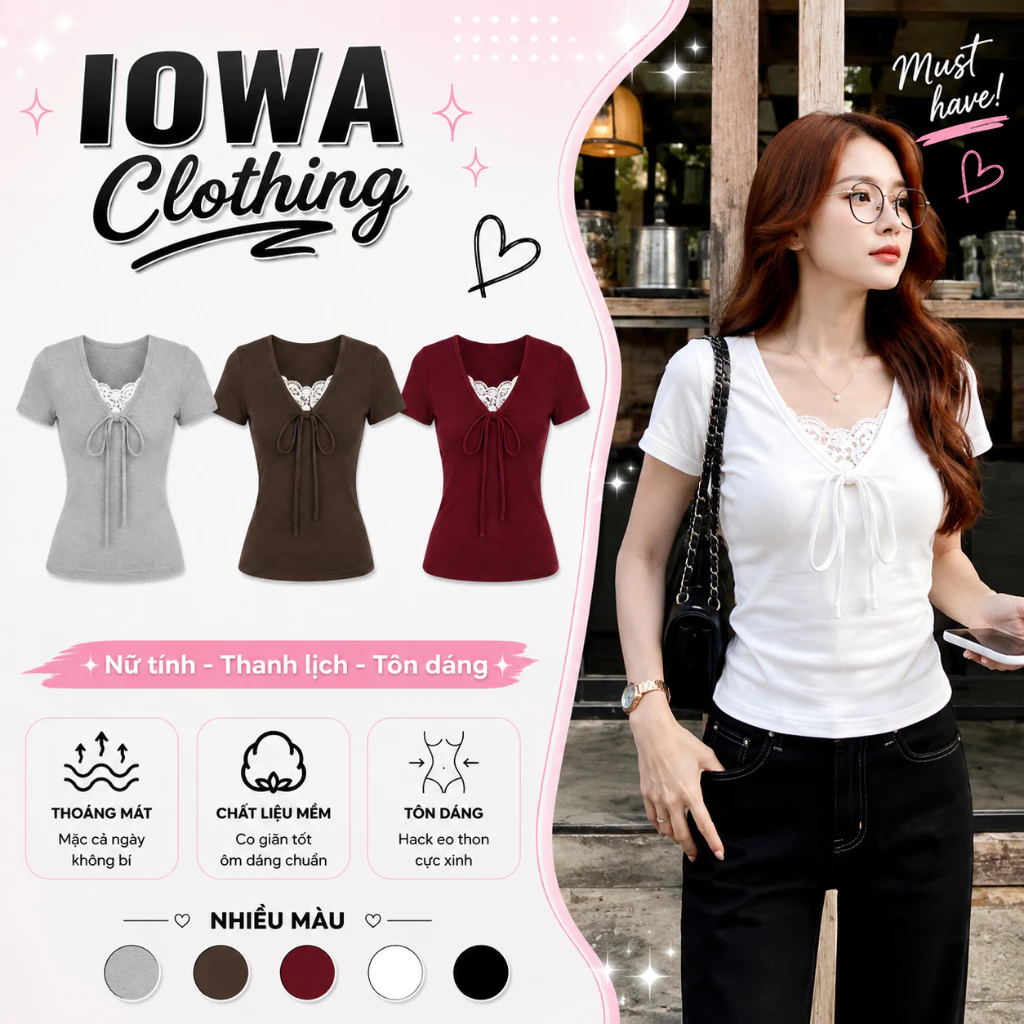 Áo Thun Nữ Tay Ngắn Cổ V Phối Ren Thắt Nơ IOWA DD75 - Thun Borip Lụa Mềm Mát