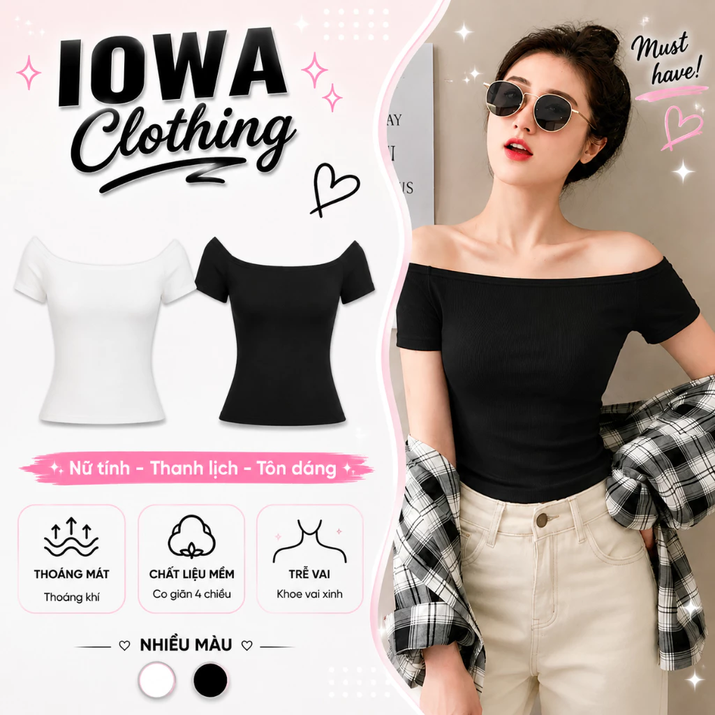 Áo Thun Nữ Tay Ngắn Trễ Vai Ôm Body IOWA DD87 - Thun Borip Co Giãn, Mềm Mát