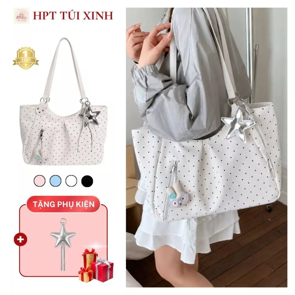 𝐂𝐓𝟎𝟎𝟏 - Túi tote nữ đeo vai đeo chéo họa tiết chấm bi tặng kèm charm, túi xách pastel dung tích lớn phong cách Hàn Quốc