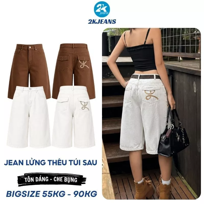 [DEAL SỐC] Quần Lửng Jean Nữ Bigsize QC74 Cạp Cao Ống Rộng Thêu Nơ Túi Sau 55-90kg 2KJEANS