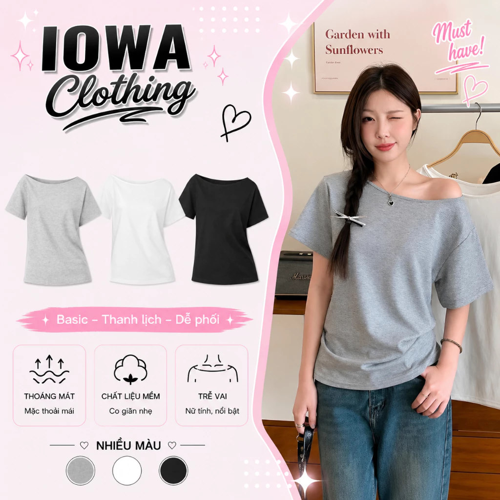 Áo Thun Nữ Lệch Vai Cộc Tay Form Rộng IOWA DD90 - Thun Cotton Basic, Co Giãn, Trễ Vai