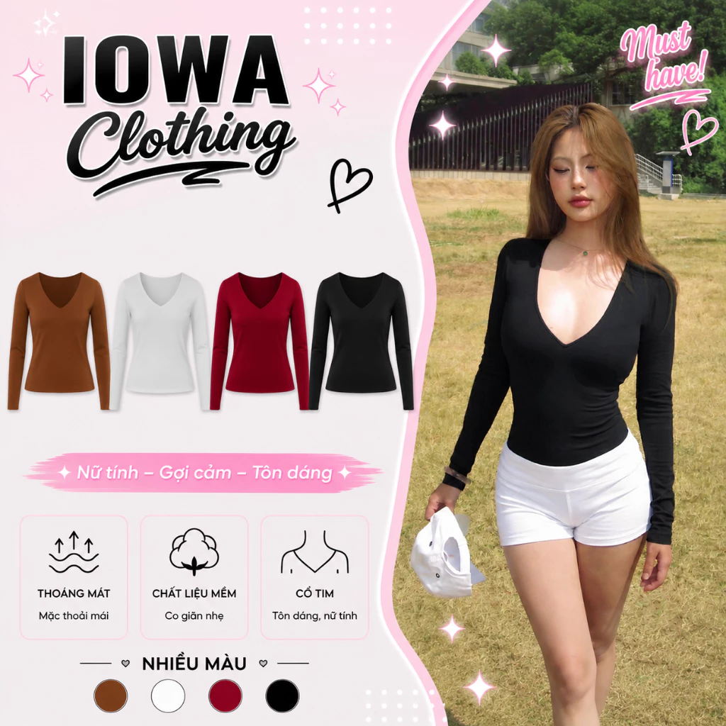 Áo Thun Nữ Ôm Body Tay Dài Cổ Tim Xẻ Sâu Dáng Dài IOWA DD145 - Thun Borip Lụa Co Giãn, Mềm Mát