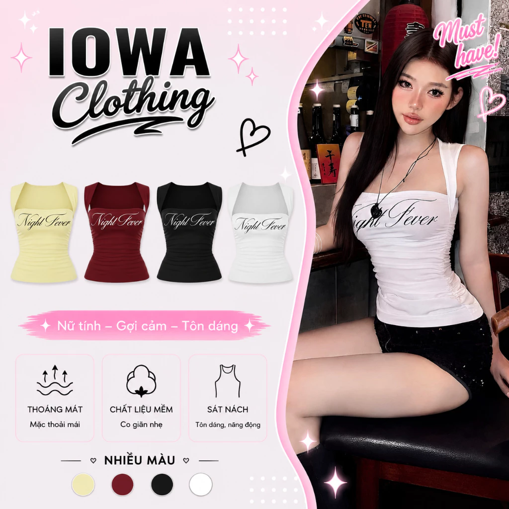 Áo Sát Nách Nữ Nhún Eo In Chữ Night Fever Ôm Body IOWA DD10 - Thun Borip Lụa Mềm Mát
