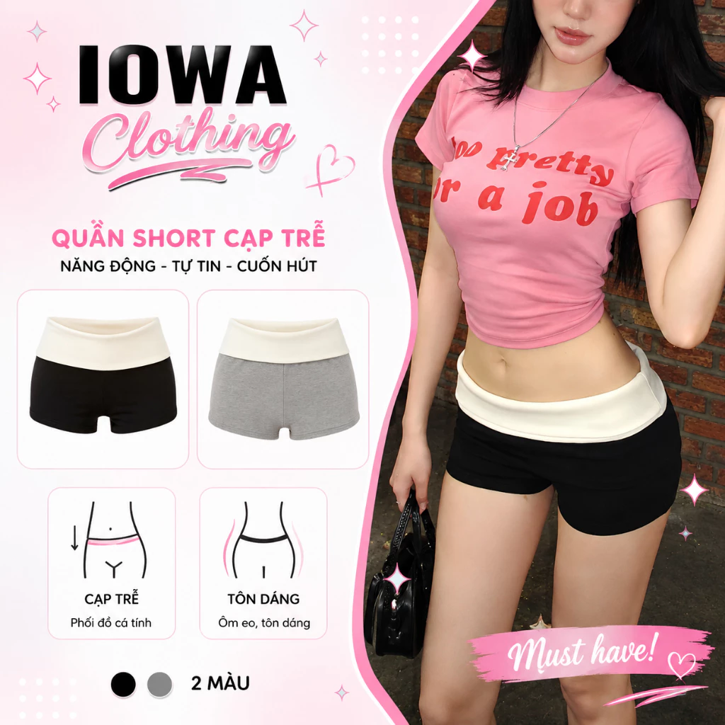 Quần Short Nữ Cạp Trễ Gập Eo Dáng Ôm IOWA QU04 - Thun Gân Co Giãn 4 Chiều