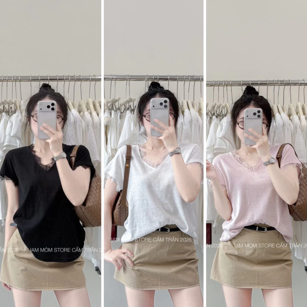 [Hàng sẵn] Áo phông cotton giấy mỏng cổ V viền ren 3 màu xinh A3760