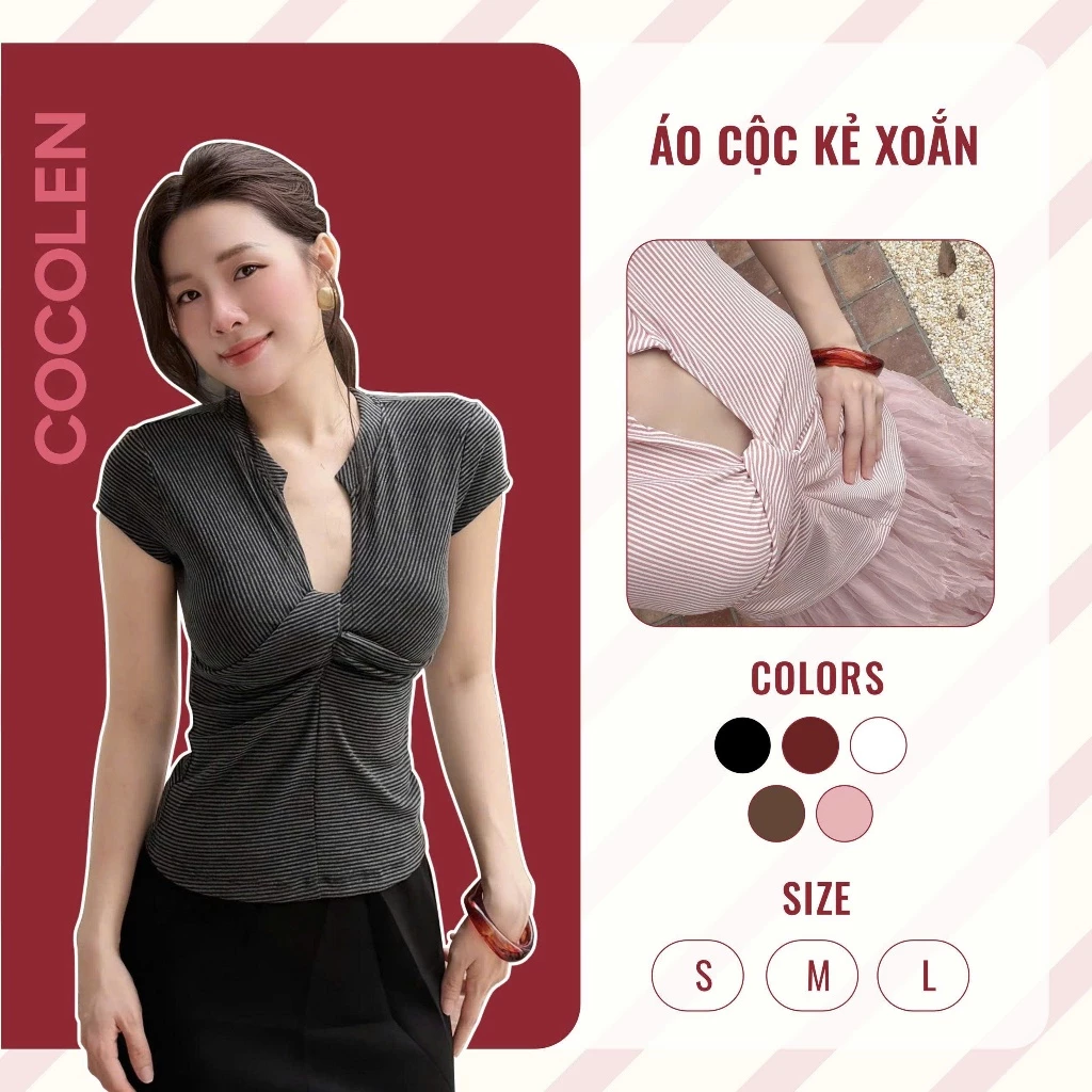 Áo Cộc Kẻ Xoắn COCOLEN Dáng Cổ V Thanh Lịch, Gọn Gàng Mặc Đi Học, Đi Làm, Đi Chơi - A095